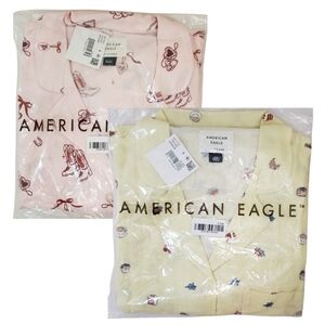 2 American Eagle Pajama Sets Short Sleeve Top & Shorts Breakfast/Western Heart
